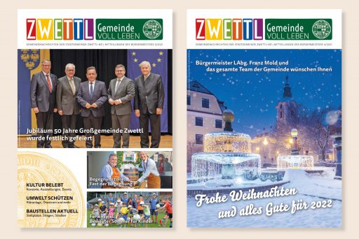 Titelseiten der Gemeindenachrichten ZWETTL Ausgabe 3/2021 und 4/2021
